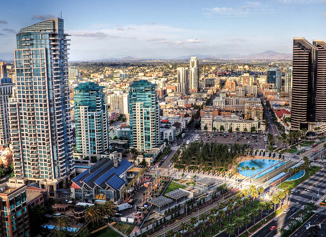 San Diego, CA - Aerial View of Modern Commercial Buildings in Downtown San Diego California on a Sunny Day